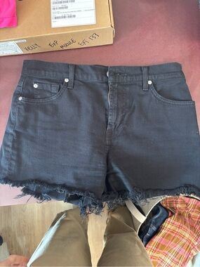 7 For All Mankind stretch high rise Black Frayed Hem Denim Cutoff Shorts